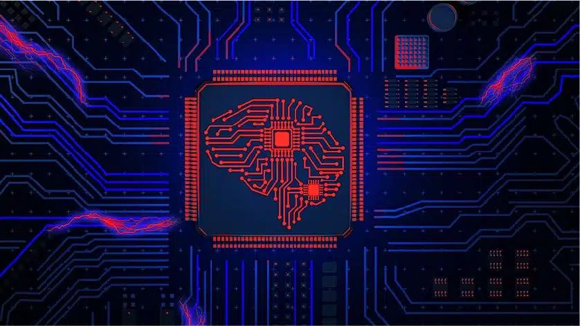 An image of a circuit board with an image of a brain on it.