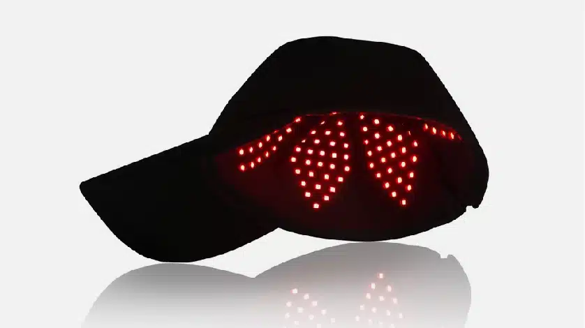 A black hat with red lights on it.