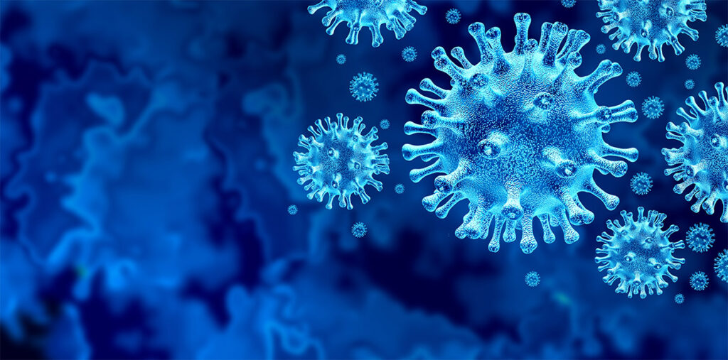 Coronaviruses on a blue background.